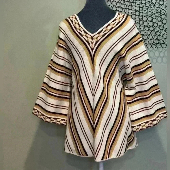 Cuddle Knit Vintage Cream Striped Brown, Black V-Neck Sweater- Size Medium - Picture 3 of 5